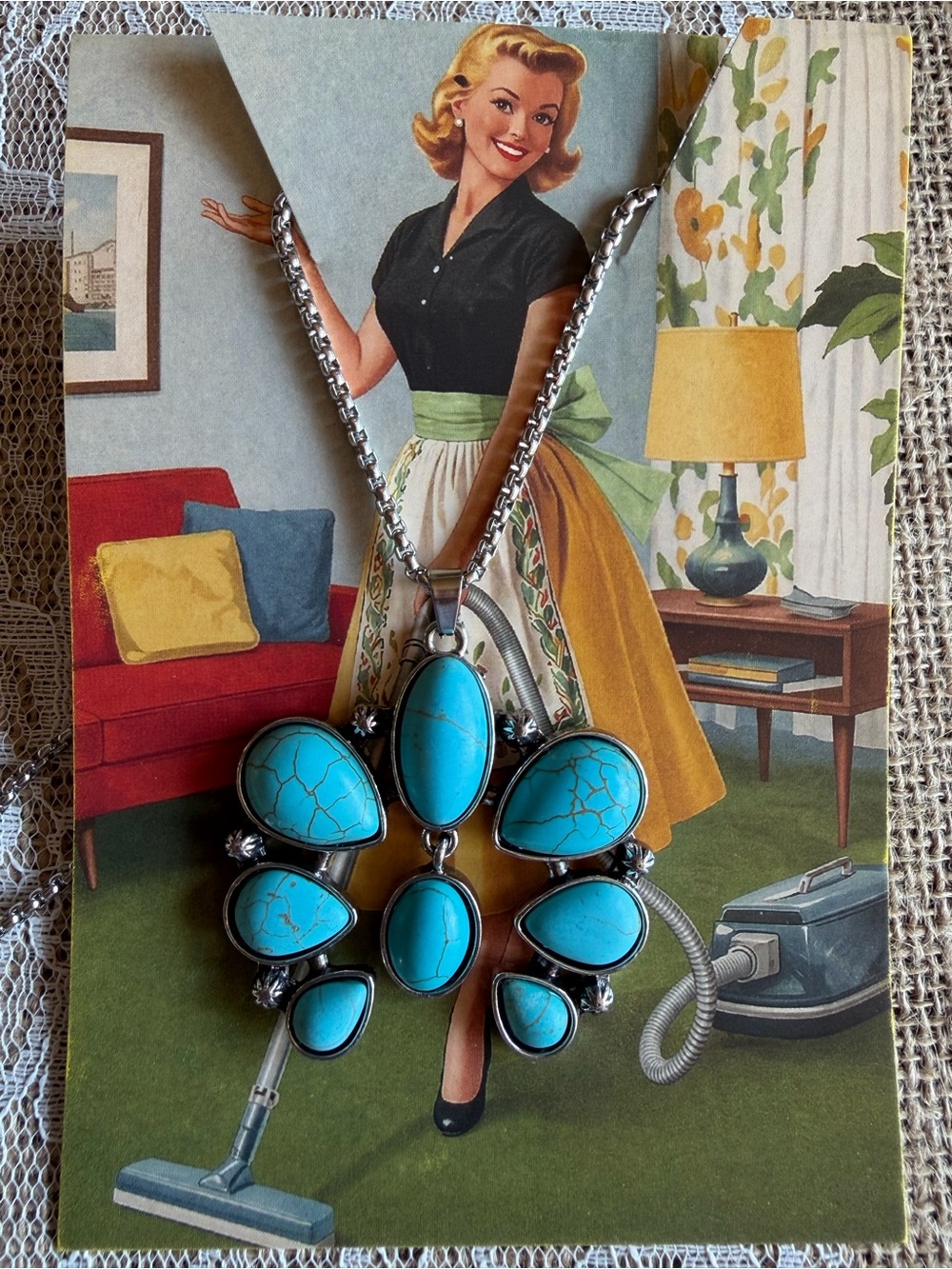 Western Squash Statement Faux Turquoise Necklace Silver Tone Southwest - Picture 6 of 6